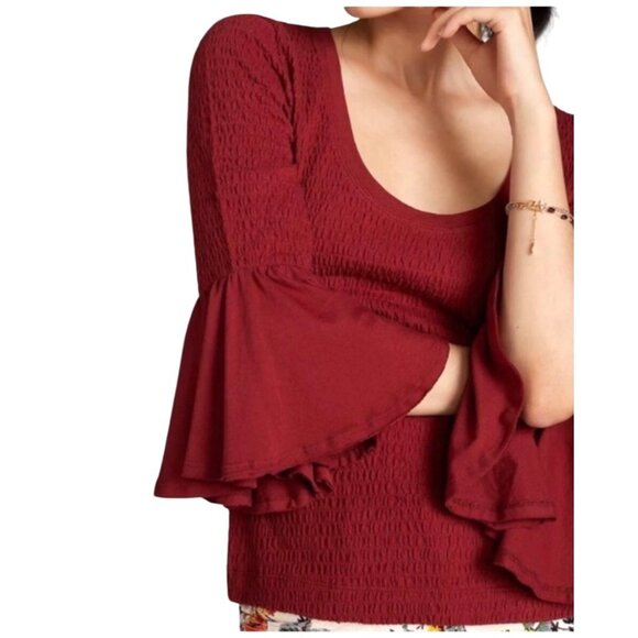 Anthropologie Smocked Red Textured Bell Sleeve Scoop Neck Top XL - Picture 4 of 16